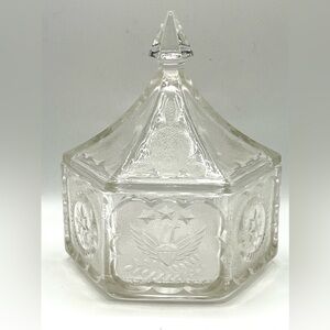 VTG Indiana Glass Pressed Clear Hexagon Candy Dish with Lid Patriotic Eagle Star